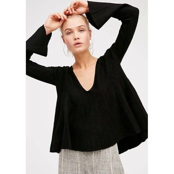 Free People Sundae Black Knit Cotton Blend Deep V Neck Pullover Sweater Size XS - Picture 1 of 6